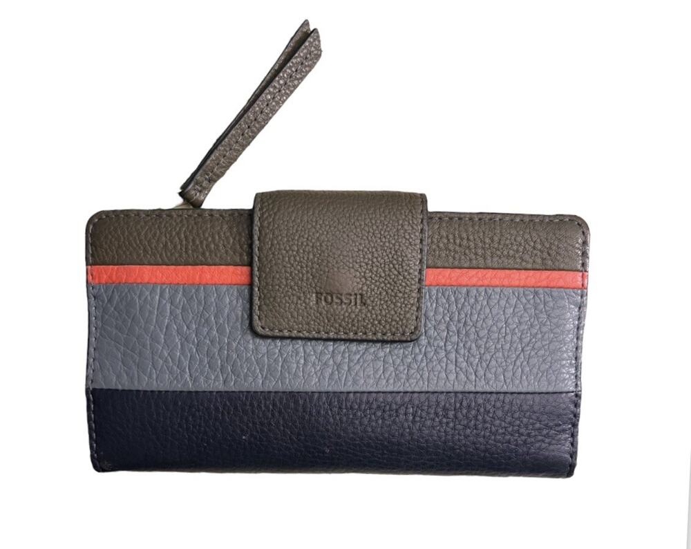 Fossil Wallet Striped Pebble Leather Clutch Tab Closure CC Zip Coin